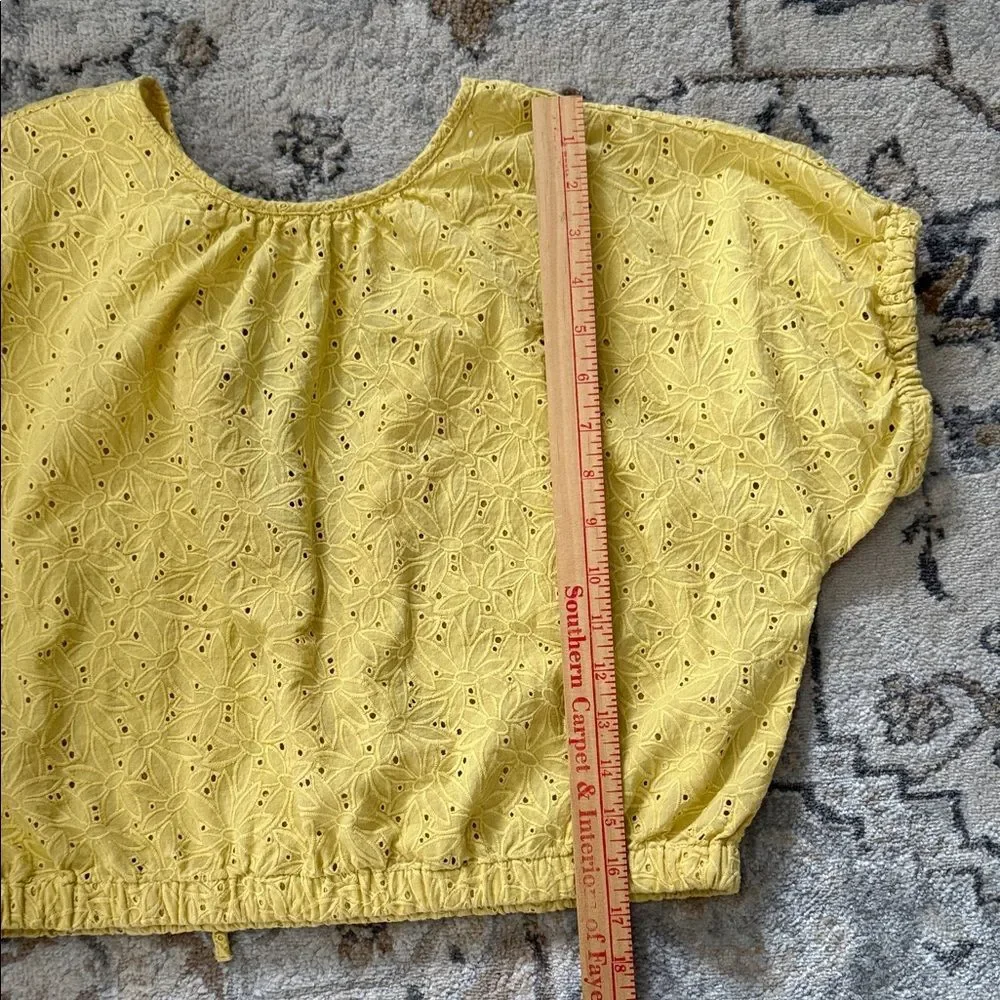 Madewell Yellow Eyelet Cropped Blouse Puff Sleeve Back Tie Small